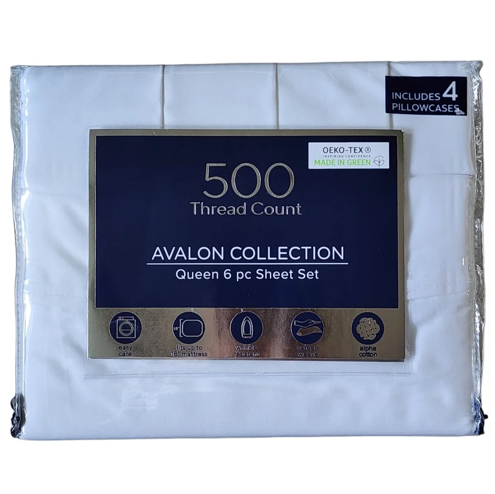 Avalon Collection Queen 6‎ pcs White Sheet Set 500 Thread Count Cotton Blend